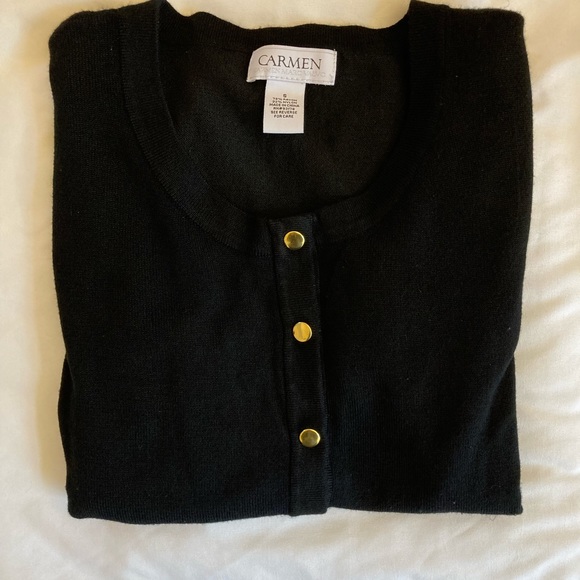 Carmen Marc Valvo Black Sweater w/ Gold Buttons, Scoop neck, 3/4 Sleeve - Small - Picture 4 of 7